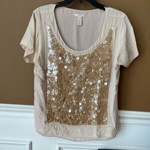 J. Crew Beige Sequin Short Sleeve Blouse Size M New Years Eve Holiday Party